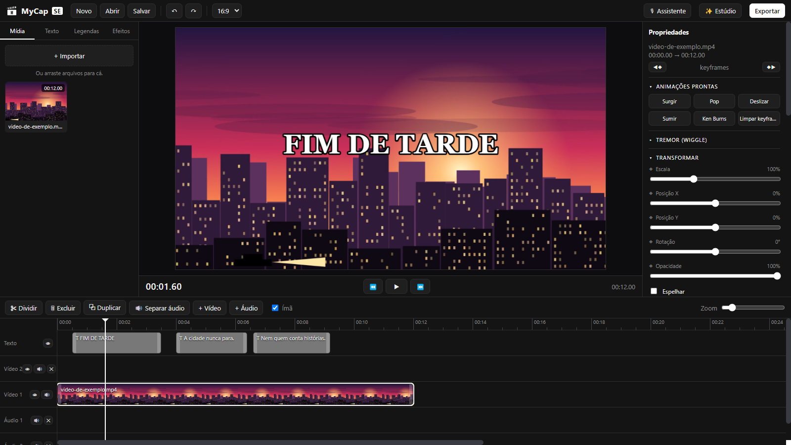Tela do MyCap SE com a timeline, a prévia do vídeo e o painel de propriedades